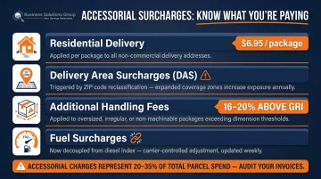 Four key accessorial surcharge categories representing 20 to 35 percent of parcel spend