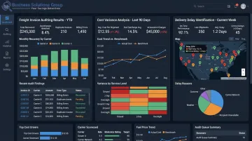 Parcel Business Intelligence dashboard displaying invoice auditing cost variance and delivery insights