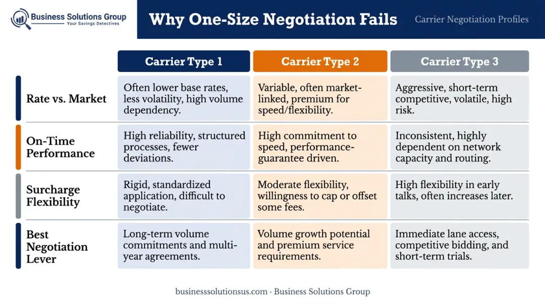 three carrier negotiation profiles comparing rates performance and surcharge flexibility differences