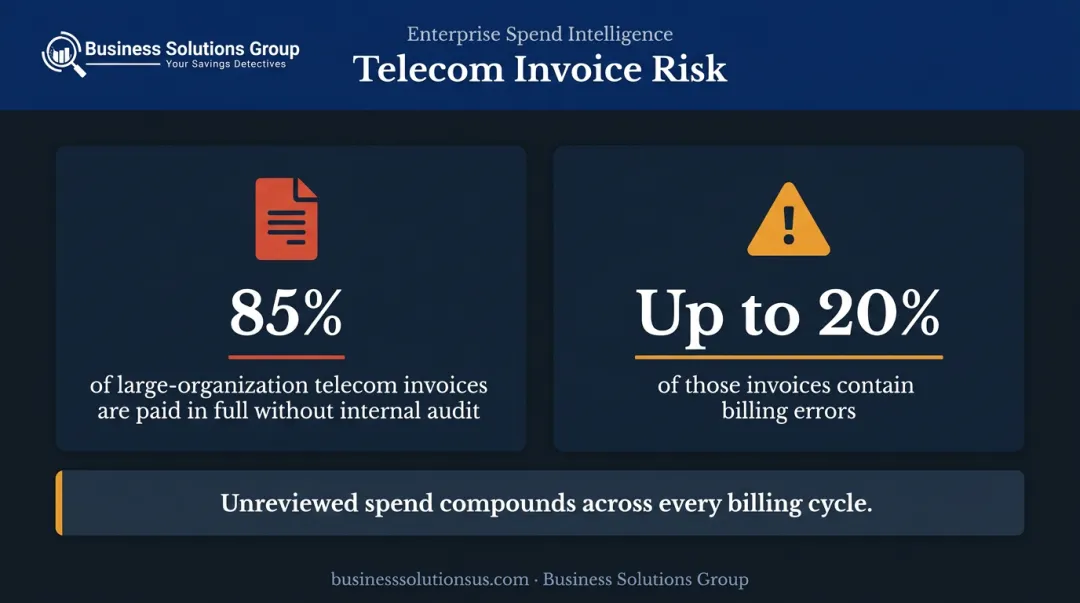 Telecom invoice audit statistics showing billing errors and unreviewed spend percentage