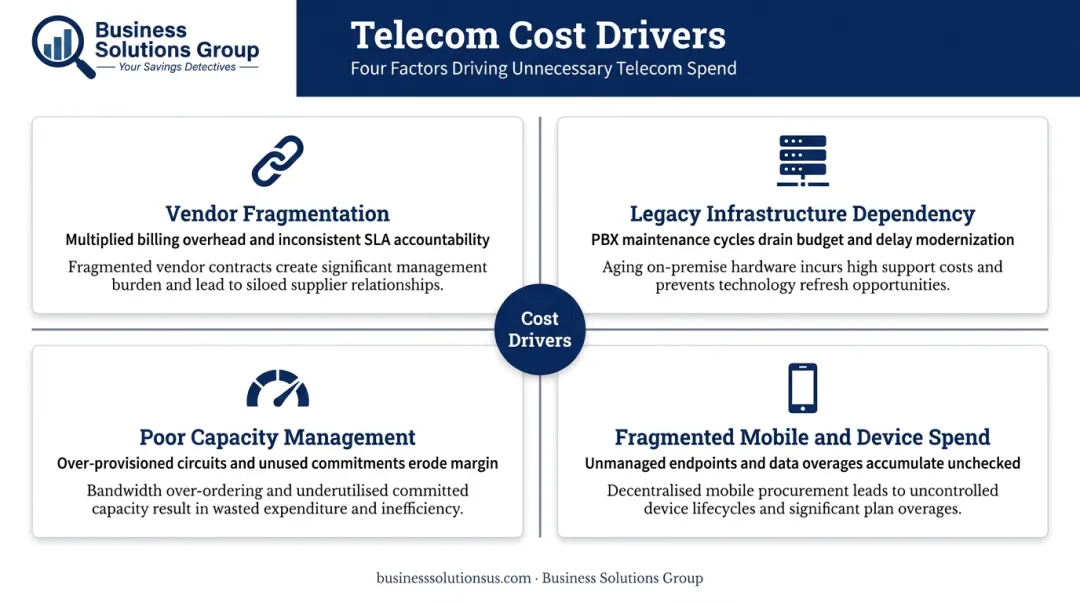 Four key telecom infrastructure cost drivers comparison breakdown infographic