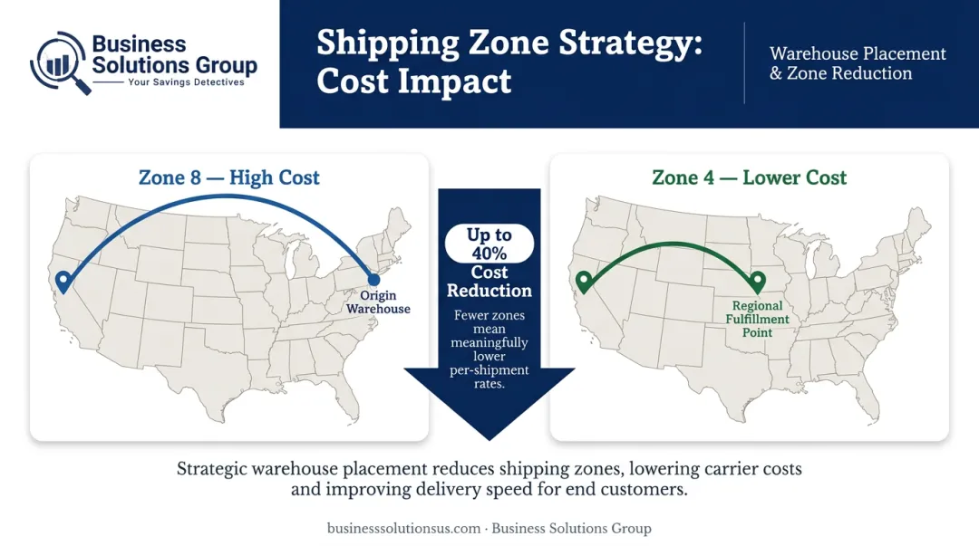 Shipping zone reduction map showing East Coast versus regional fulfillment cost comparison