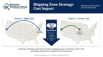 Shipping zone reduction map showing East Coast versus regional fulfillment cost comparison