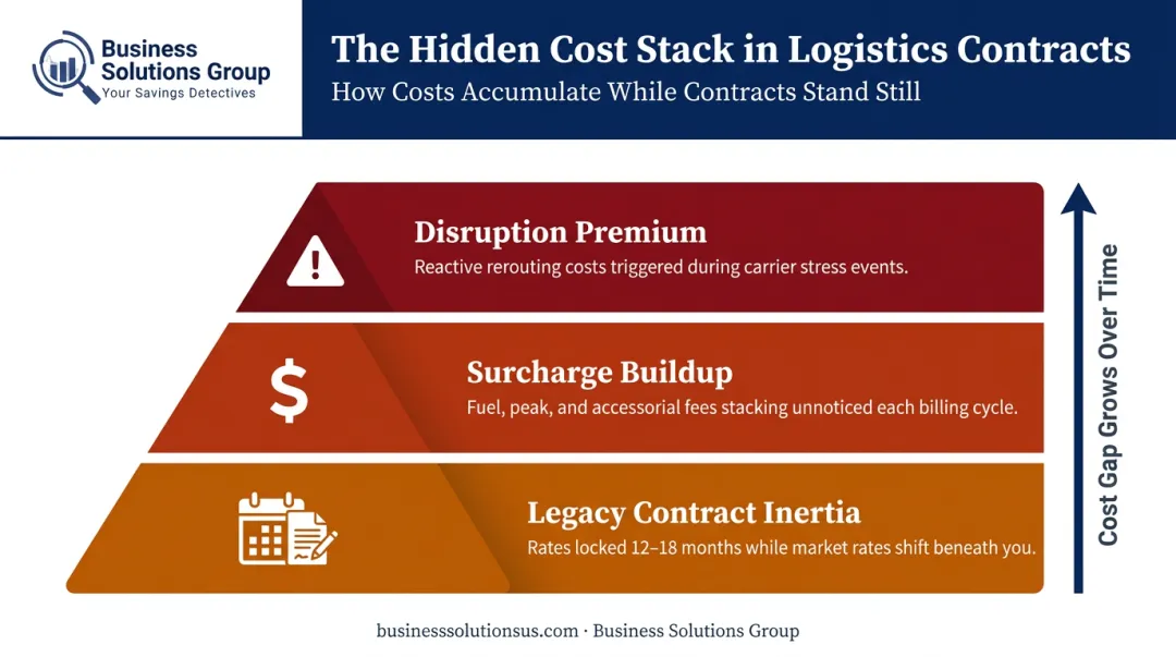 Three compounding shipping lane cost layers from contracts to disruptions infographic