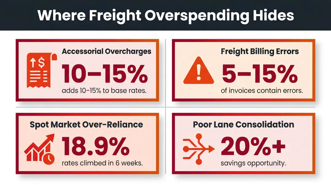 Four hidden freight overspending patterns with cost percentage impact breakdown