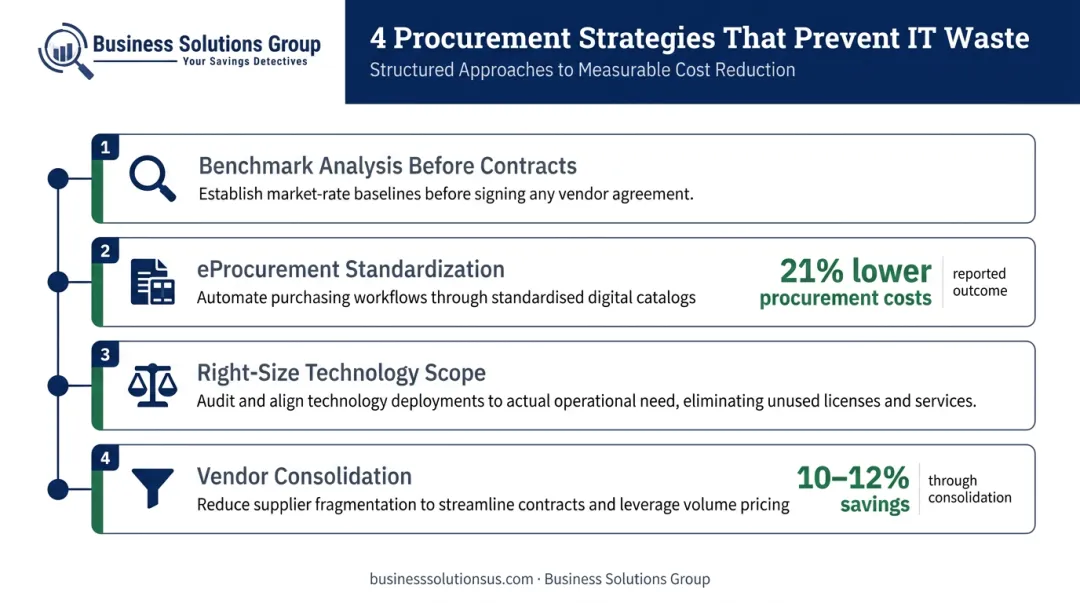 Four procurement cost reduction strategies to prevent IT budget waste infographic