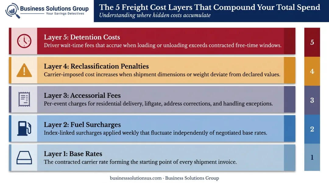 Five freight cost accumulation categories from base rates to detention fees breakdown