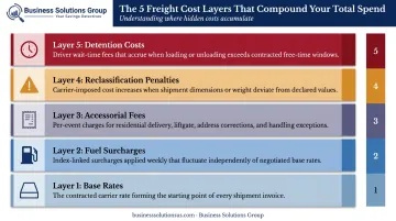 Five freight cost accumulation categories from base rates to detention fees breakdown