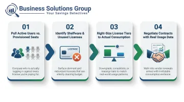 Software license right-sizing audit process four-step workflow infographic