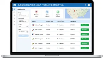 BSG TMS rate shopping dashboard displaying multi-carrier freight quotes and savings metrics