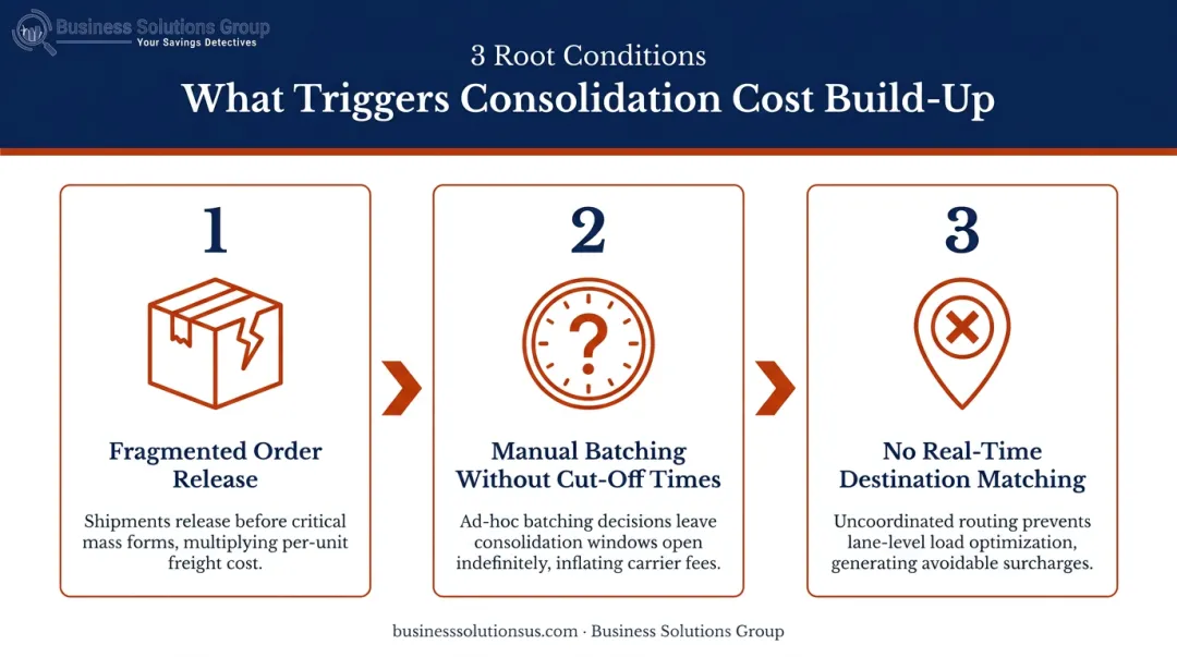 Three operational triggers driving hidden shipping cost accumulation infographic