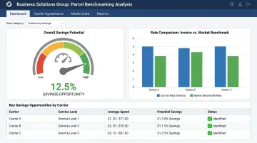 Business Solutions Group parcel benchmarking analysis dashboard showing contract rate discrepancies