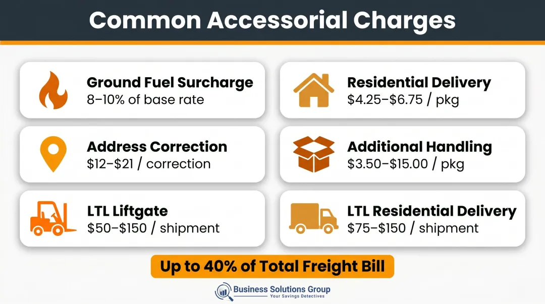 Accessorial freight charge types and current rate ranges comparison breakdown infographic
