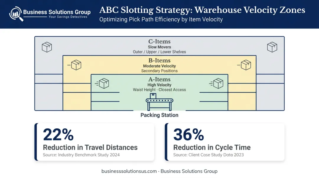 Warehouse slotting ABC velocity tiers with travel distance reduction performance data