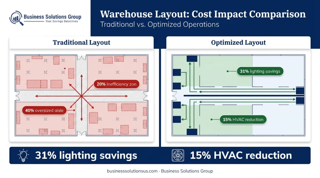Warehouse layout redesign energy and space savings from automated storage system integration