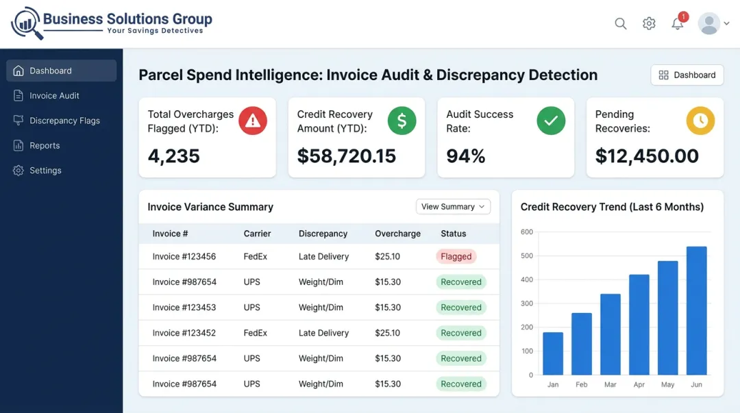 BSG parcel spend intelligence platform dashboard displaying carrier invoice audit results