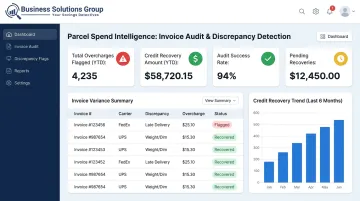 BSG parcel spend intelligence platform dashboard displaying carrier invoice audit results