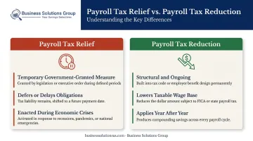 Payroll tax relief versus reduction strategies side-by-side comparison infographic
