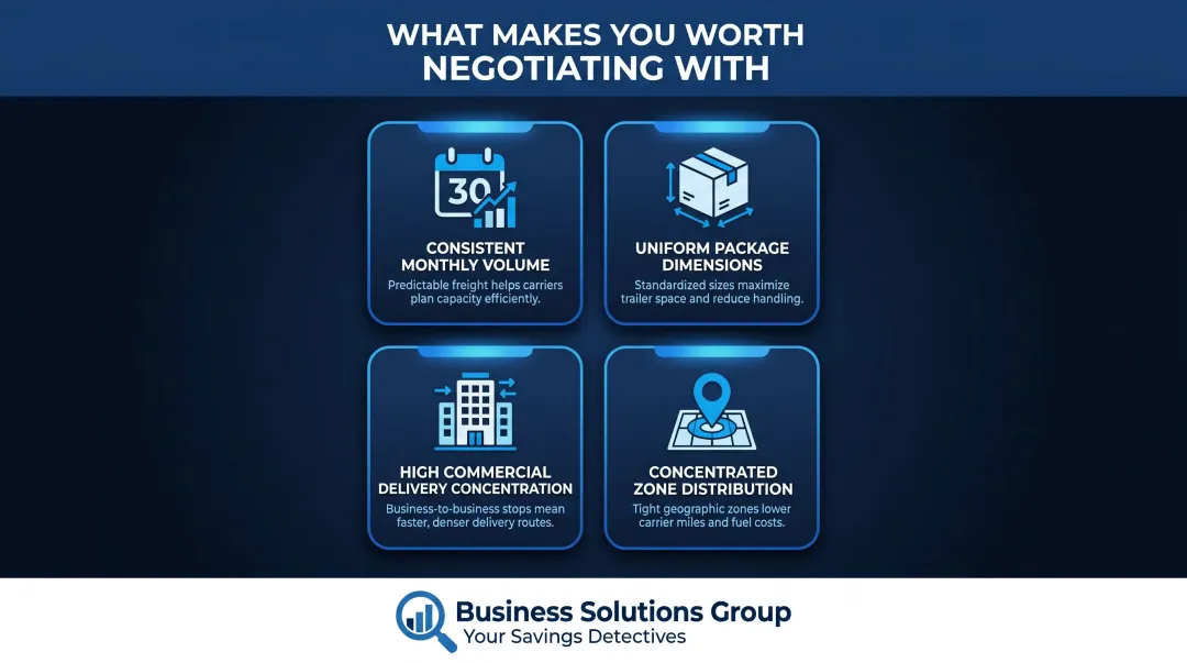 Four shipper characteristics that increase carrier negotiation leverage infographic