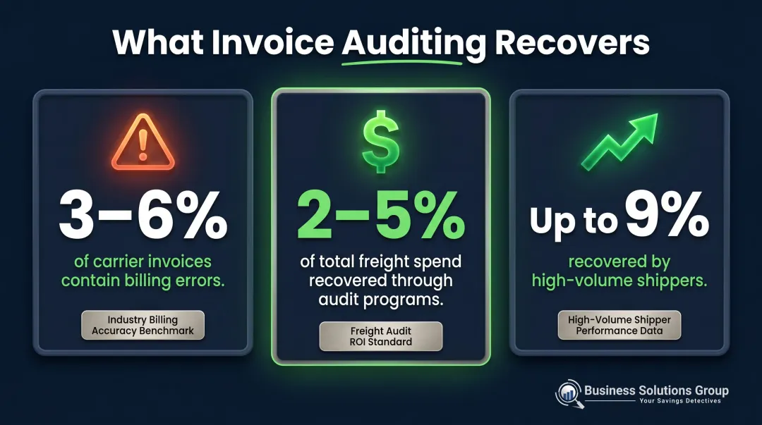 Carrier invoice error rate and freight audit recovery statistics data visualization infographic