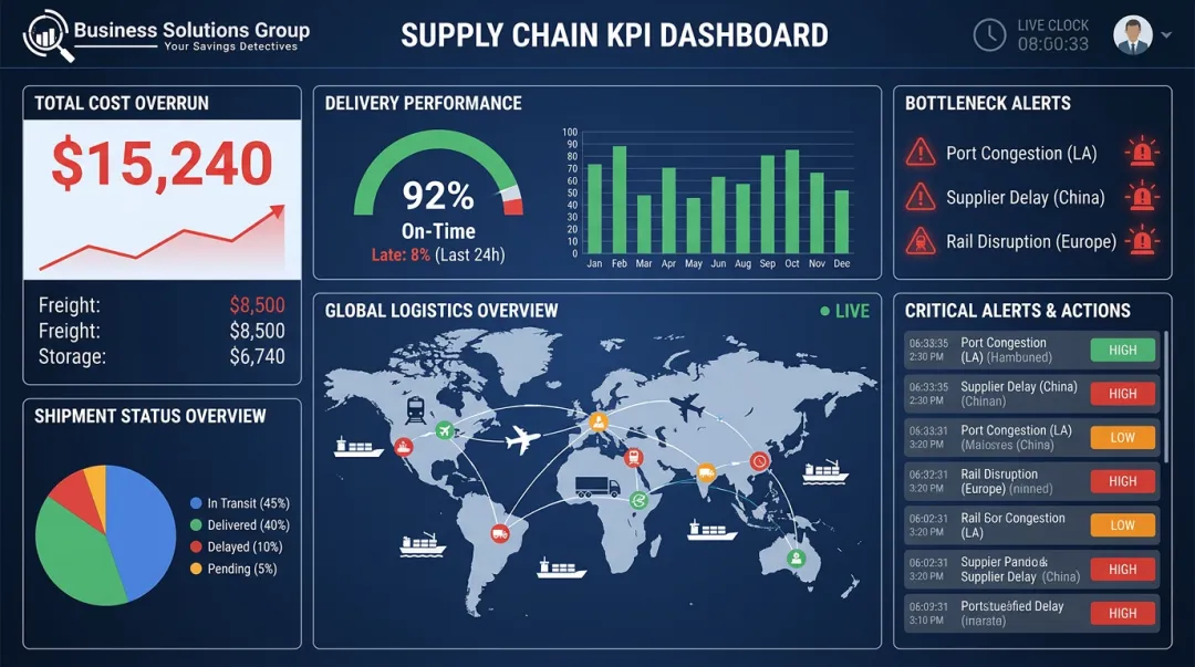Supply chain KPI monitoring dashboard displaying real-time logistics cost and delivery metrics