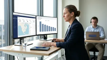 Logistics manager reviewing real-time freight data on cloud TMS dashboard across multiple locations