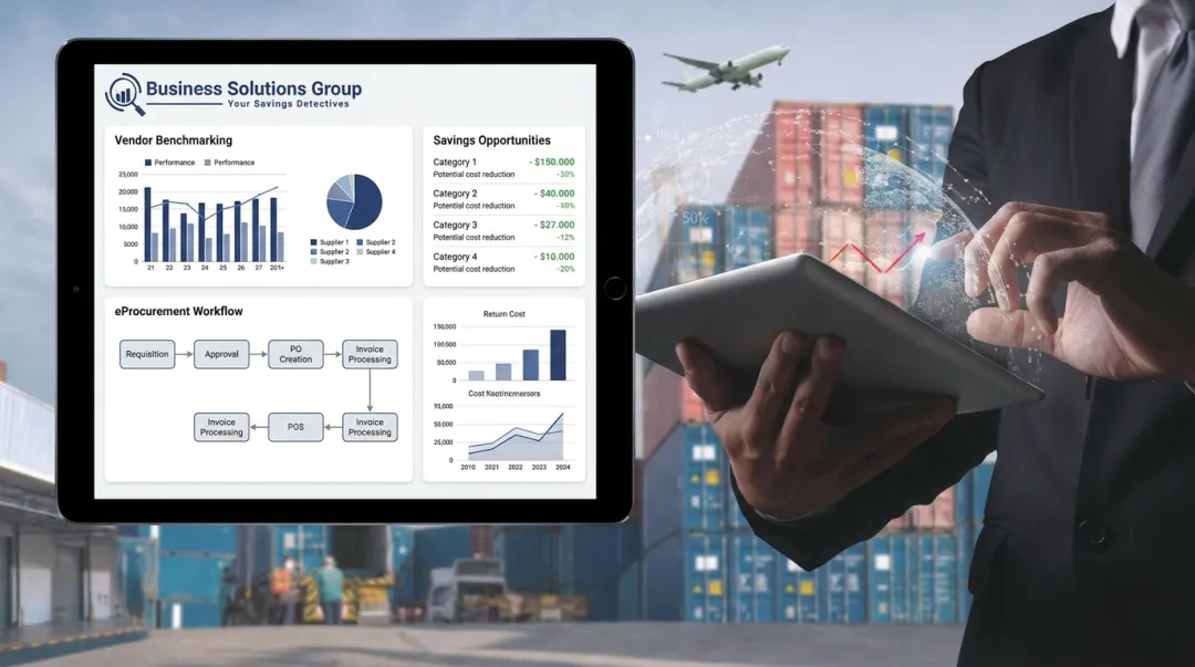 Business Solutions Group procurement dashboard displaying vendor spend benchmarking and savings analysis