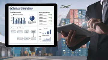 Business Solutions Group procurement dashboard displaying vendor spend benchmarking and savings analysis
