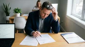 Finance professional reviewing bank fee reports at desk with trend charts and contract documents