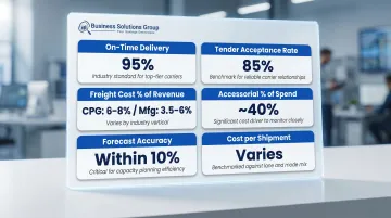Freight benchmarking KPI comparison table with industry standard benchmarks for six metrics