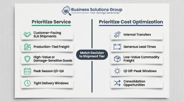 Freight cost versus service priority decision matrix by shipment tier and season