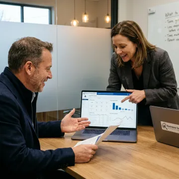 Supply chain consultants reviewing logistics performance dashboards