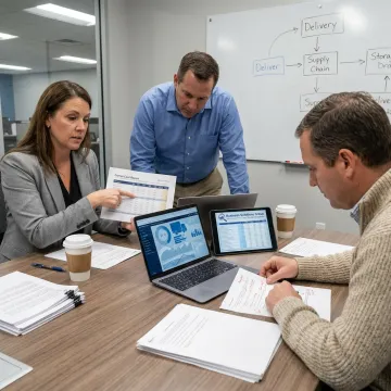 Logistics strategy meeting with analytics dashboard