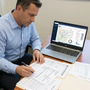 Freight compliance consultant reviewing shipping data