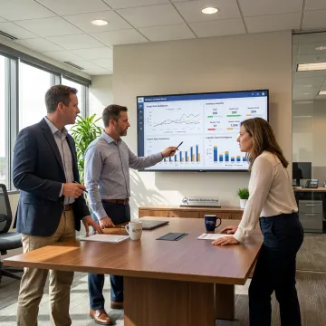 Supply chain consultants reviewing logistics strategy dashboards