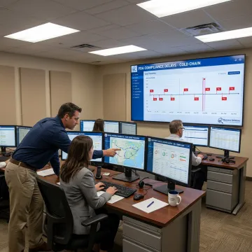 Pharmaceutical supply chain logistics team reviewing shipments