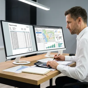 Parcel audit analyst reviewing shipping invoices and dashboards