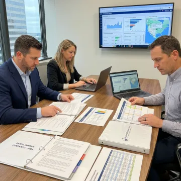 Parcel contract consulting team reviewing shipping data