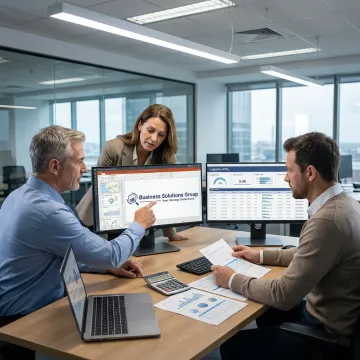 Logistics consultants reviewing digital supply chain dashboards
