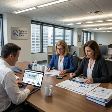 Transportation consulting team reviewing shipping data