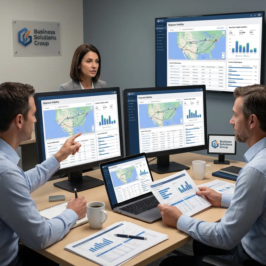 Team reviewing freight software analytics
