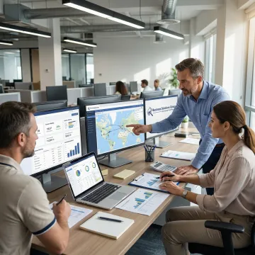 Freight management team reviewing shipment data