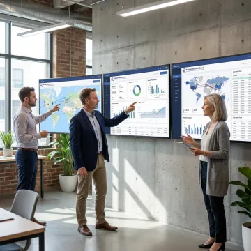 Supply chain consultants reviewing logistics dashboards