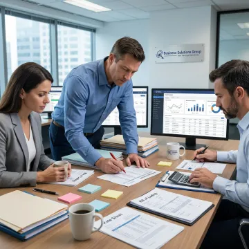 Freight logistics consultants reviewing shipment data