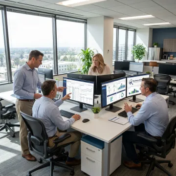 Supply chain consultants reviewing logistics data in California