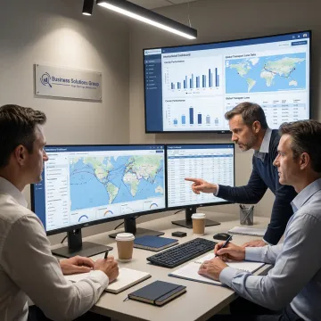 International freight consulting team reviewing global shipping data