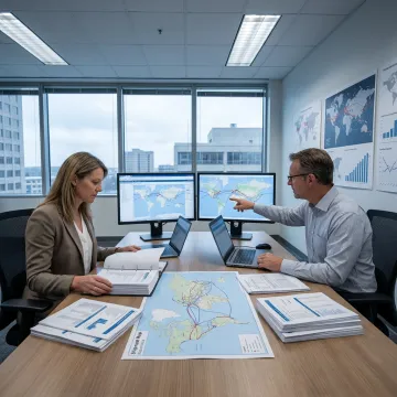 Logistics advisors reviewing global shipping data
