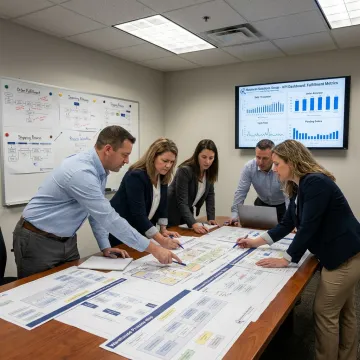 Warehouse team reviewing process improvement plan