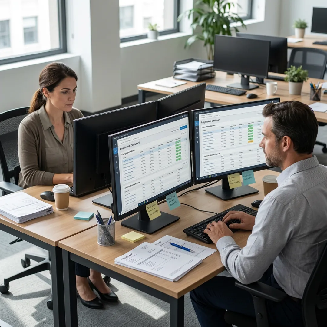 Team auditing freight invoices and payment records
