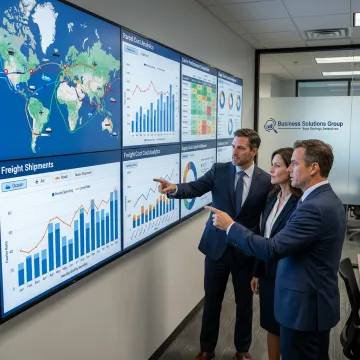 Global logistics advisory team reviewing shipment data